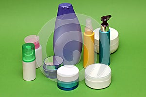 Closed colorful toiletries bottles