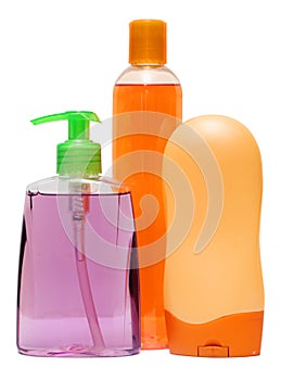 Closed Cosmetic Or Hygiene Plastic Bottle Of Gel, Liquid Soap, Lotion, Cream, Shampoo. Isolated On White Background.