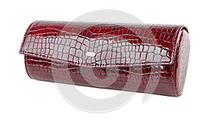 Closed dark red reptile skin leather eyeglasses case