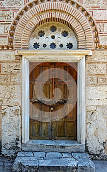 Closed door of historic building