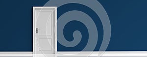 Closed door white on dark navy blue wall background, banner. 3d illustration