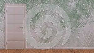 Closed door on white wall, mock up with copy space. Empty room with parquet floor and green wallpaper. Minimalist interior design