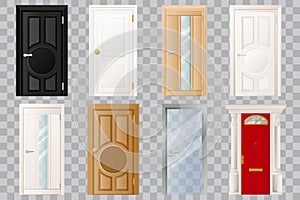 Closed doors set, isolated on transparent background. Classical wooden, white, black and glass door. Vector illustration