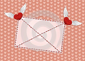Closed envelope dragged hearts with wings. Valentine`s Day. photo