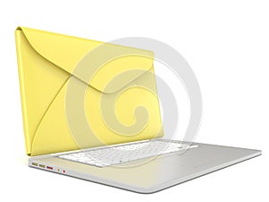 Closed envelope on laptop. Side view. 3D render