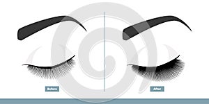 Closed Eye Before and After Eyelash Extension. Comparison of Natural vs. Volume Eyelashes. Infographic Vector photo