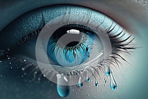 closed eyelid closeup with a teardrop on eyelashes, Tinted blue Sad woman concept