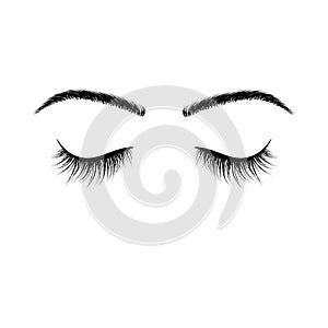 Closed eyes black eyelashes. False eyelashes. Vector illustration isolated on white background