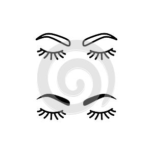 Closed eyes with eyelashes and brows. Women eyes simple illustration. set