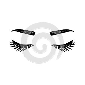 Closed eyes with eyelashes. Women eyes simple illustration. black white . eyelashes, eyebrows, eye sketch, black and