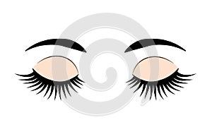 Closed eyes with long eyelashes and eyebrows. Eye flat icon isolated on white. Vector illustration for beauty salons, makeup and