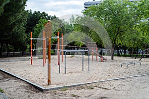 Closed fitness area in park. Prevention of coronavirus COVID-19, SARS-CoV-2.