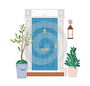 Closed front door design. Home entrance from outside with lantern, plants in planters. House exterior with entry, retro