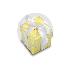 closed gift box gold color package object wrap with white satin bow ribbon isolated on white background