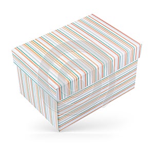 Closed gift box with orange and green strips isolated on white