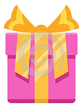 Closed gift box. Surprise present tied with golden ribbon