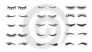 Closed girl eyes and eyelashes. Various closed eye with beautiful black eyelashes, mascara beauty face makeup line