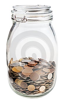 Closed glass jar with saved coins isolated