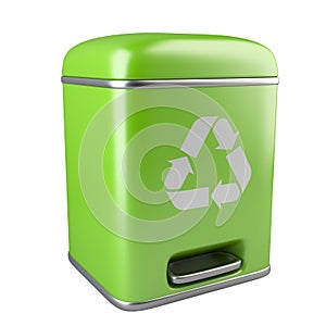 Closed green ecological trash can with recycling sign