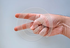 Closed hand with open thumb and index finger with white background Victory concept