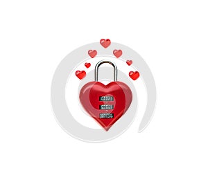 Closed heart shaped padlock on white