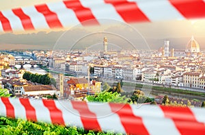 Closed historical Italian sightseeing. Firenze landmarks with warning tape. Cityscape skyline of Florence Italy