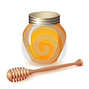 Closed honey jar and wooden dipper