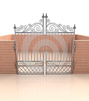 Closed iron gate in quadrilateral brick fence