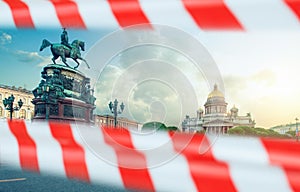 Closed Isaac`s Cathedral or Isaakievskiy Sobor in Saint Petersburg with warning tape