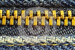Closed jeans zipper, high magnification macro image.