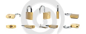 Closed Lock Isolated, Locked Gold Padlock on White Background, Privacy, Security Concept