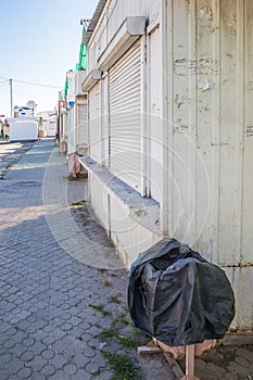 Closed market pavilions. Shops are closed. Shopping arcade. Corr