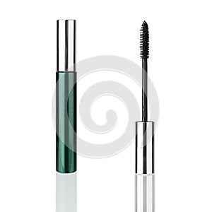 Closed mascara tube and brush white background mirror reflection isolated closeup, eye mascara container, eyelash applicator stick