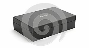 Black rectangular gift box with embossed logo on white background present packaging