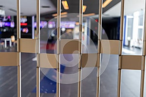 Closed movie theater lobby - empty and barricaded