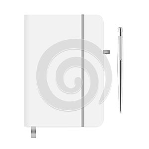 Closed notebook with metal ball point pen isolated on white mock-up