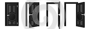 Closed and open black door set isolated on white background. Home entrance and exit design element. Vector illustration