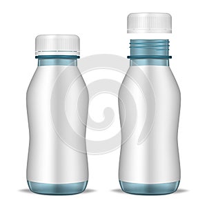 Closed and open blue bottle with screw cap and blank label, realistic mockup illustration. Liquid food product packaging container