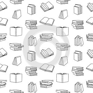 Closed and open books outline pattern. Books line background. Bookstore, library line symbols. Literature, dictionaries