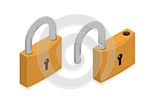Closed and open locks. Isometric illustration