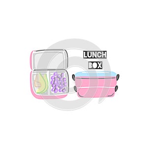 Closed and open pink lunchboxes. Lunch box with food. Hand drawn containers for snack. Cute design. Isolated objects