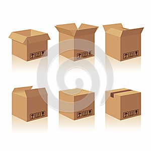 Closed and open recycle brown carton delivery packaging box with fragile signs.