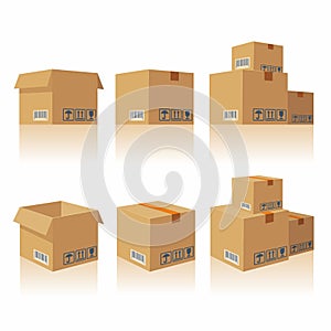 Closed open recycle brown carton delivery packaging box fragile signs