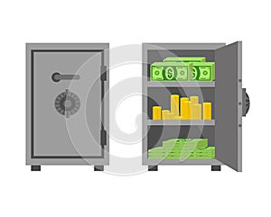 Closed and opened safe box. Iron strongbox for home or bank. Green dollars bills and golden coins piles safety. Richness