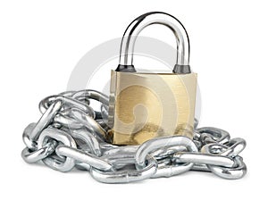 Closed padlock with chrome-plated chain isolated on white