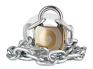 closed padlock with chrome-plated chain isolated on white, property protection, symbolic security