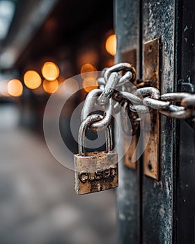 Closed Padlock and Heavy Chain on a Gate