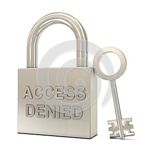 Closed padlock, key and access denied text