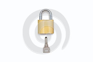 Closed padlock with a key on a white background
