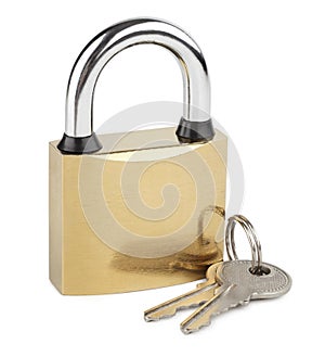 Closed padlock with keys on white